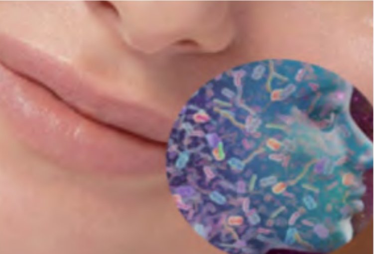 Close-up of lips with a magnified view of probiotic lactic acid bacteria